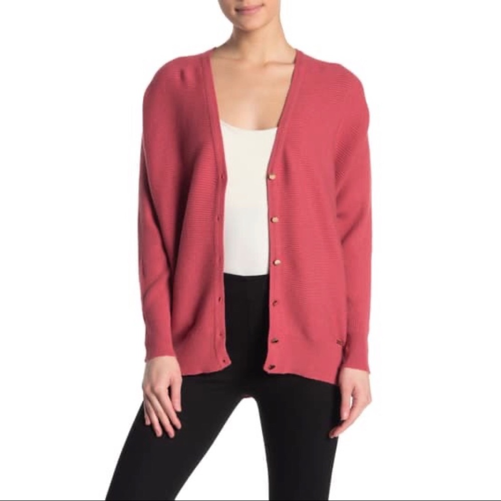 T Tahari Ottoman Ribbed Knit Button Front Cardigan - Picture 2 of 3